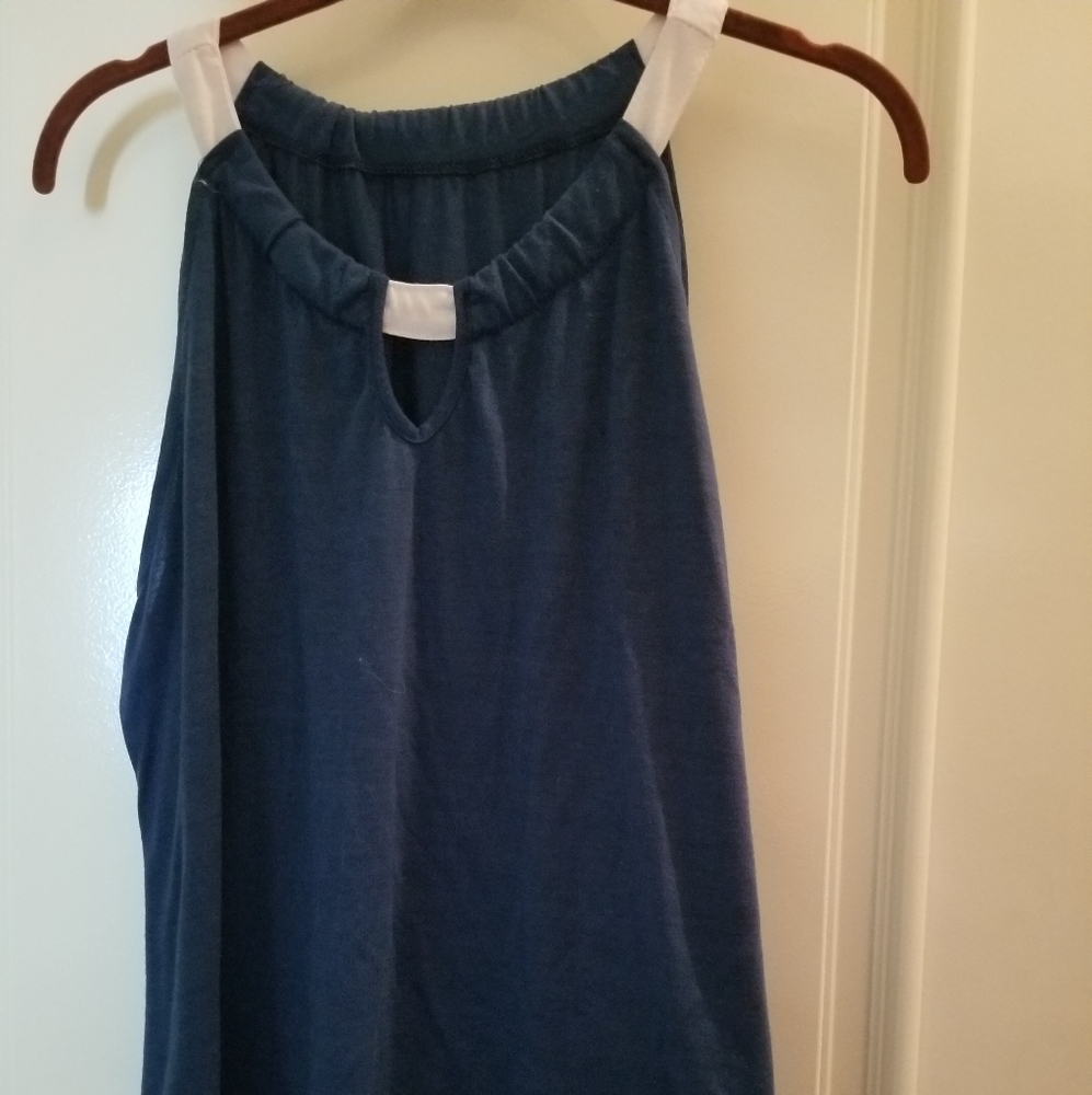 Symmetric blue and white trim top